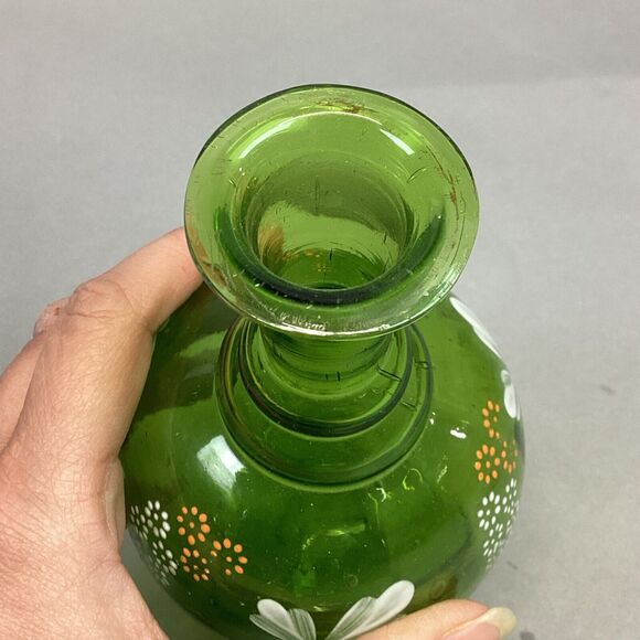 Green Glass Vase With Hand Painted Flowers - 6.75” - Picture 6 of 9